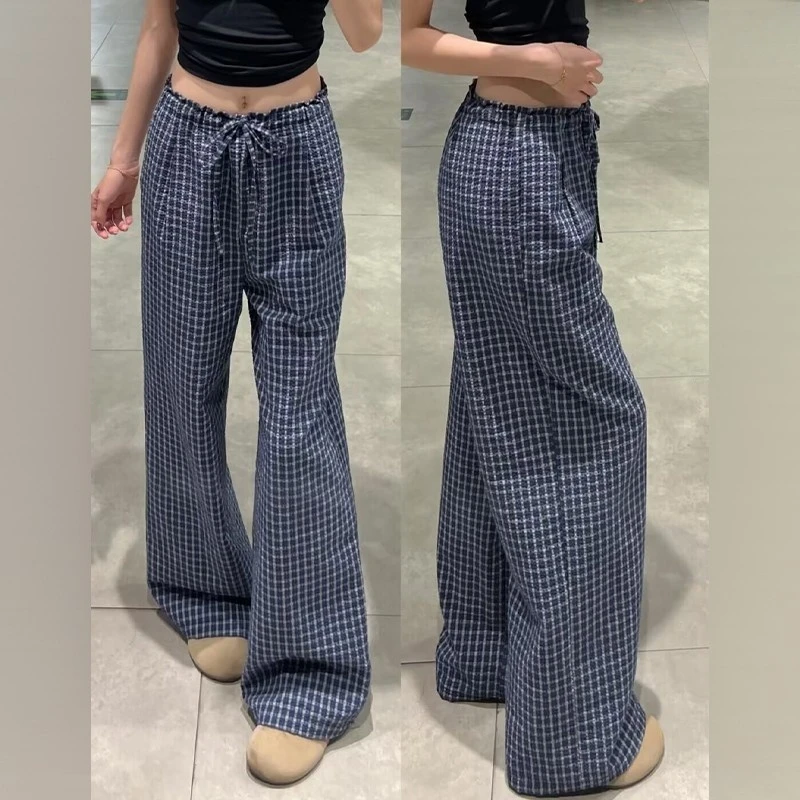 慵懒风格纹速干休闲裤女夏季新款高腰显瘦阔腿裤设计感时尚拖地裤