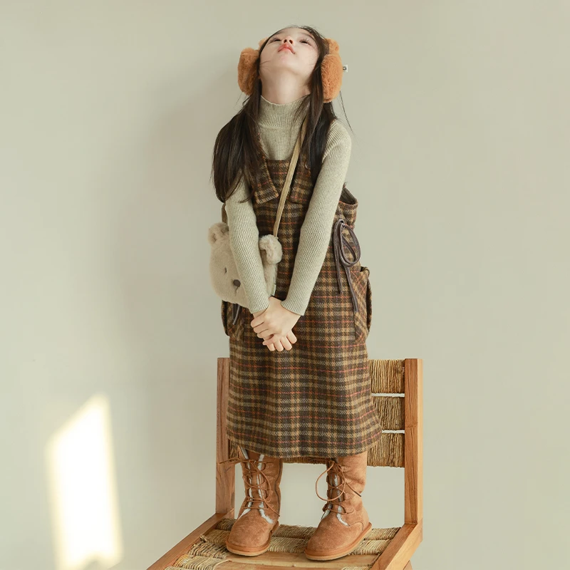 utouto大耳象女童系带格纹毛呢背带裙2024冬季新款儿童2408203