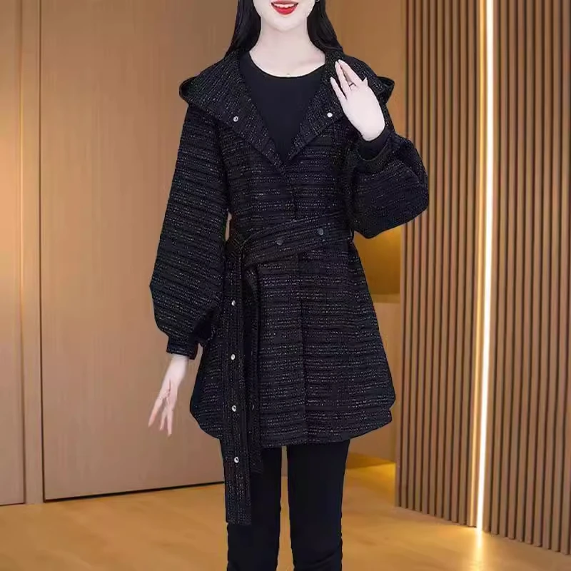 中长款风衣外套女秋冬新款时尚收腰显瘦设计感气质百搭连帽大衣潮