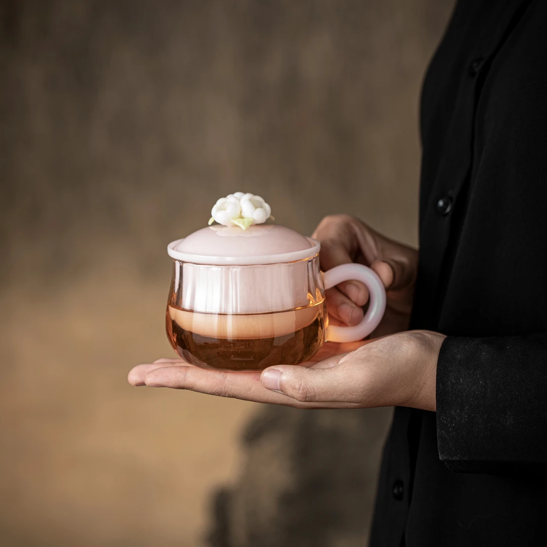 汤大壮【办公神器】粉色璞玉捏花茶咖杯办公杯