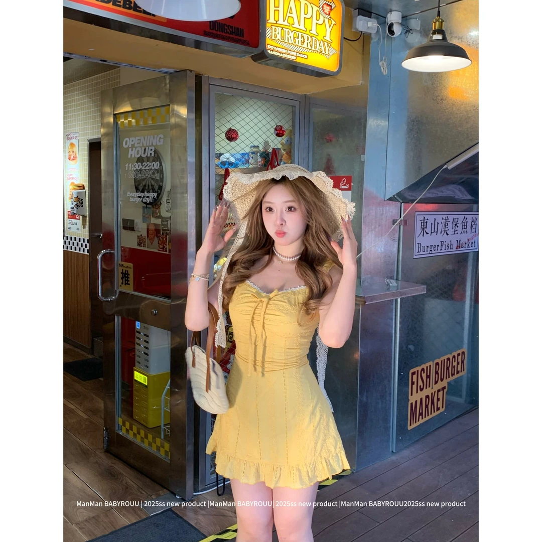 温与柔蔓蔓【现货】【赤霞橙光】春日新款显瘦甜美领口拼蕾丝连衣裙