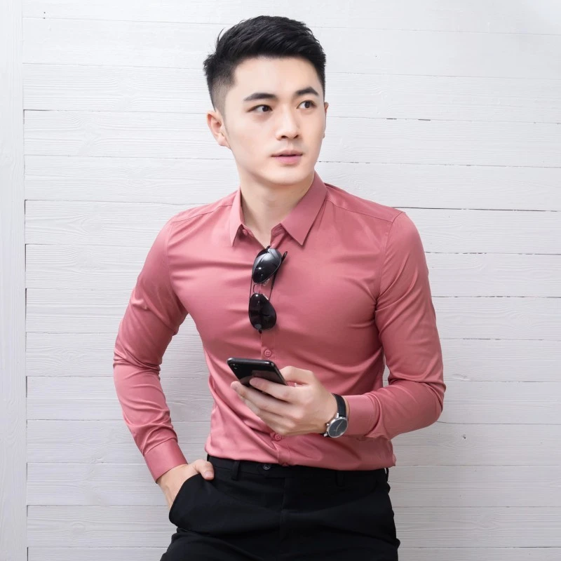 秋季长袖丝光女衬衫男士韩版修身痞帅中袖衬衫男装短袖寸衫潮半袖