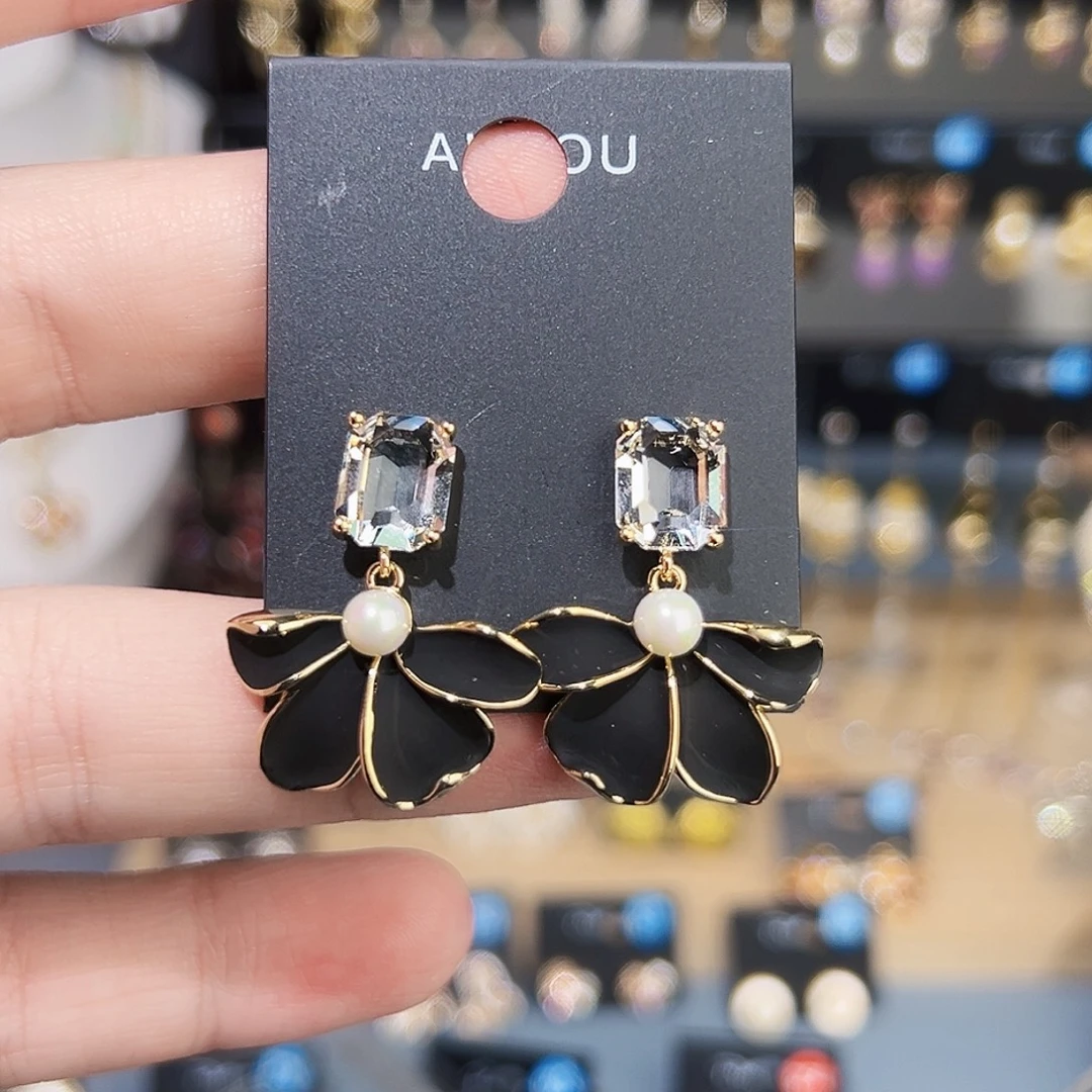 锆石铜合金925银阿豆家黑色珐琅锆石花花耳饰