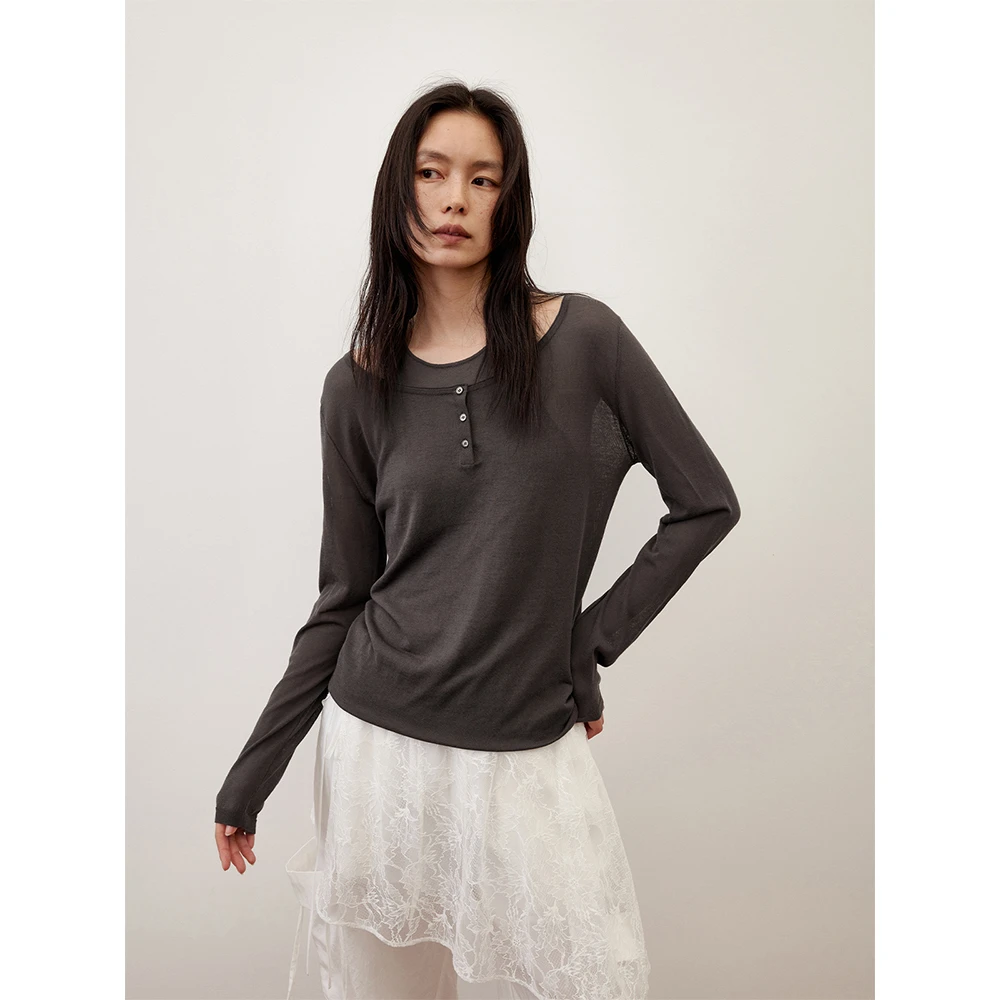 RandomPiece25夏新 长绒棉醋酸混纺假两件设计轻薄透气长袖针织衫