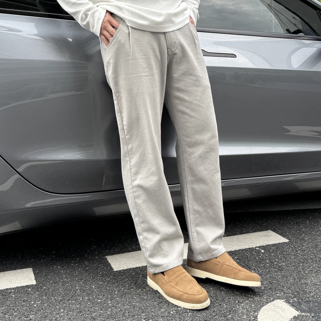 KUZ 【微阔直筒】320克超柔斜纹棉工装休闲裤打褶简约高级百搭男