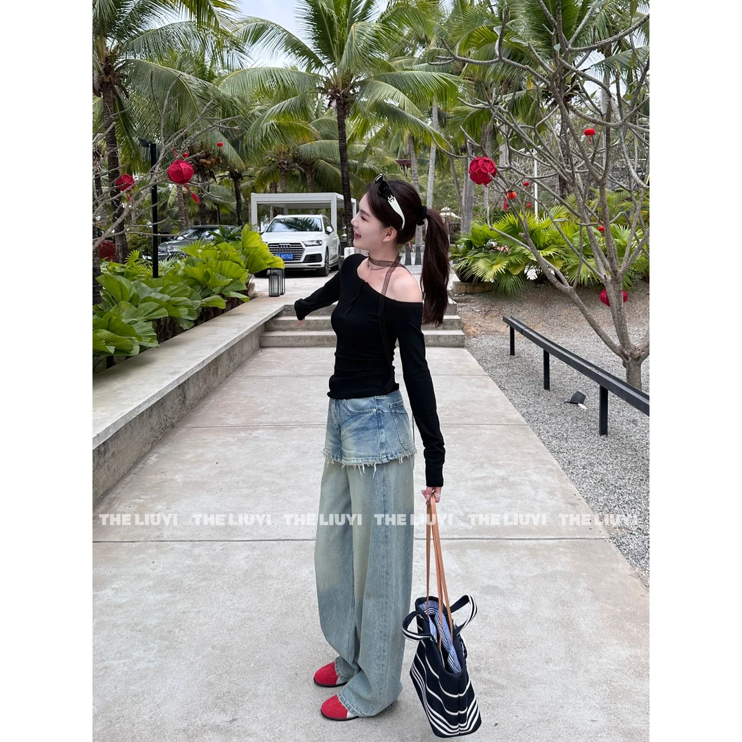 【LIUYI】私服裤~高腰设计感屁帘遮胯牛仔直筒裤52117