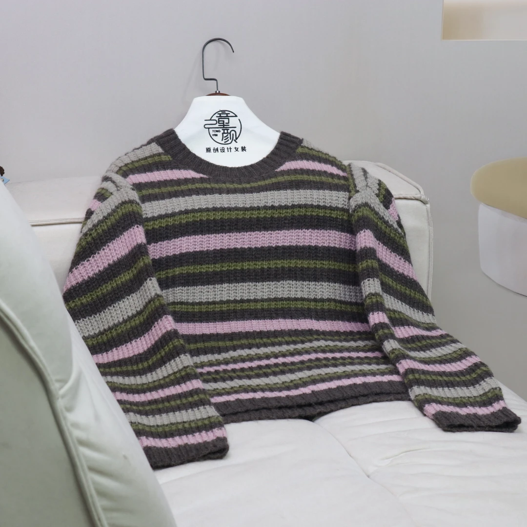 【13130】高品质原创设计咖色百搭慵懒风撞色条纹毛衣D