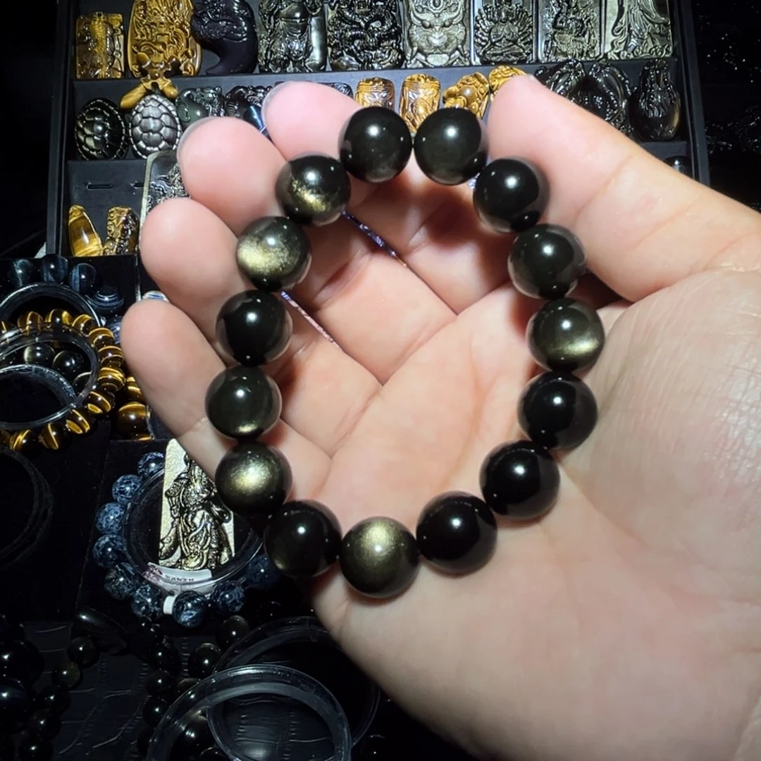 未镶嵌黑曜岩手链晓****）天然金曜石双面圆眼14mm