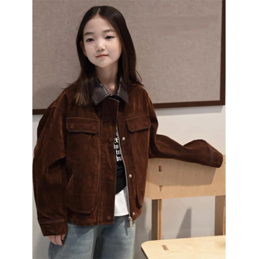 韩版童装春秋新款男女童复古翻领夹克外套潮酷休闲百搭工装风上衣