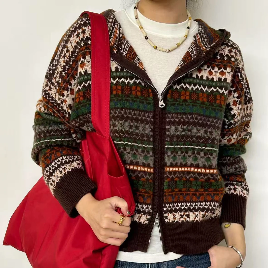 费尔岛花纹毛衣秋冬慵懒风帽衫北欧毛衣4793