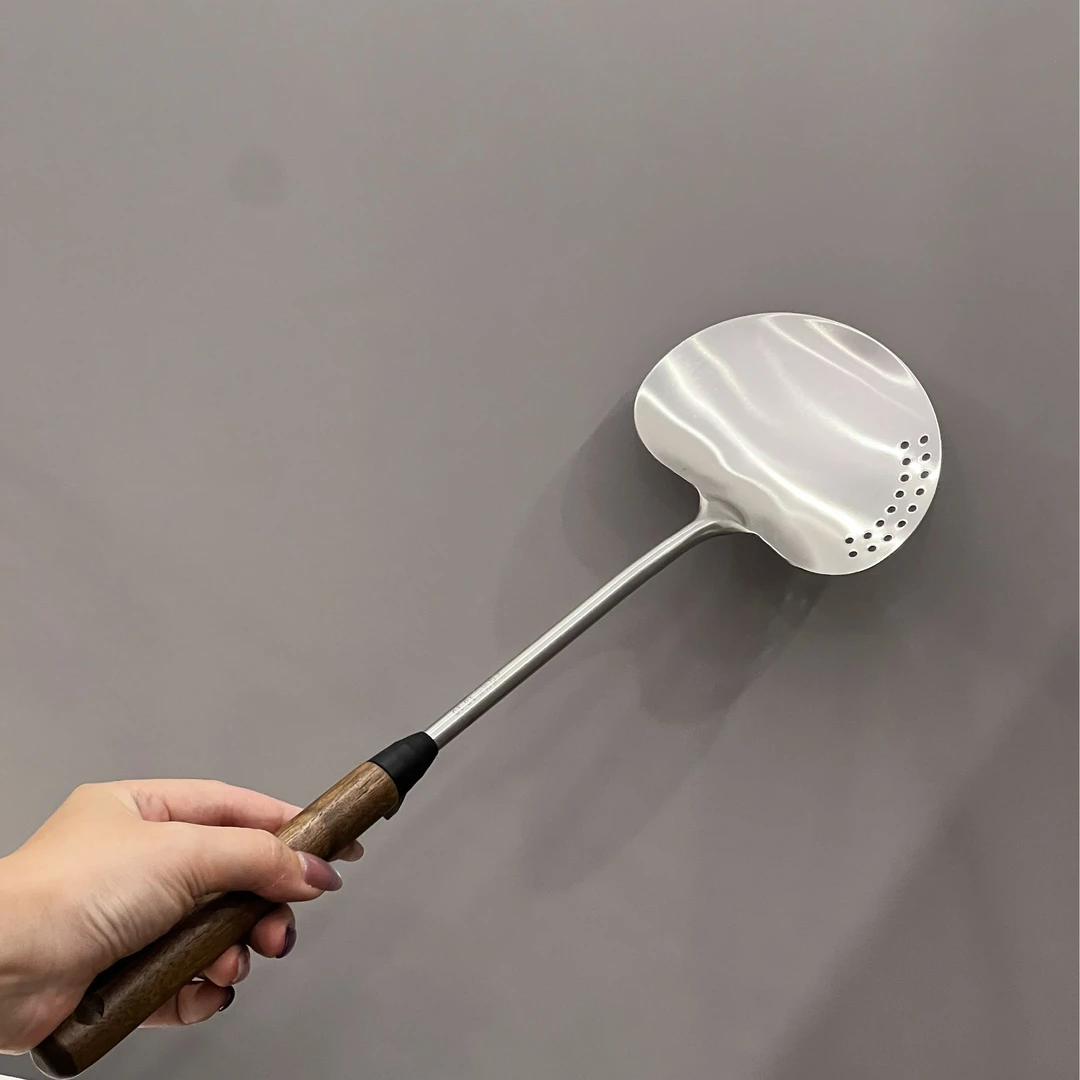 【大号带孔】胡桃木柄蘑菇铲18/10不锈钢长柄锅铲炒菜铲家用木柄