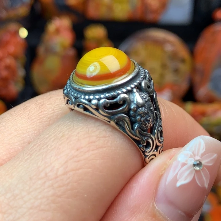 玛瑙/玉髓戒指银S925镶嵌