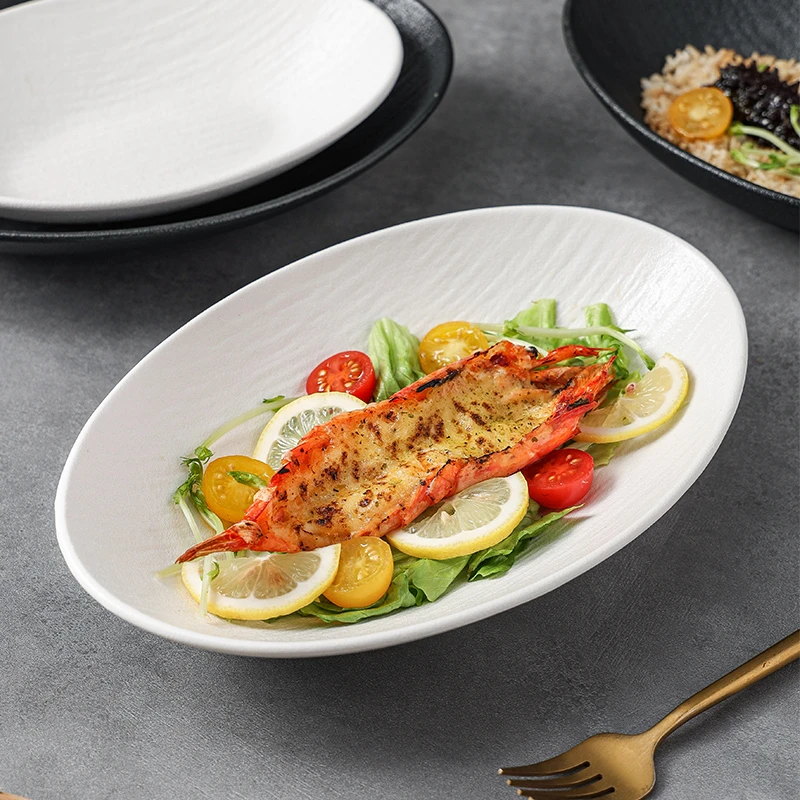 陶瓷椭圆碗沙拉碗凉菜盘船型盘鱼盘餐厅高级感餐具元宝碗意面碗