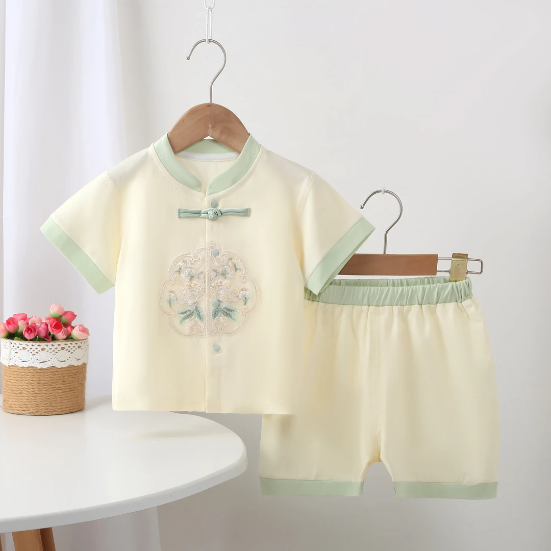 夏季新款宝宝汉服周岁礼服男女宝婴儿套装礼服新中式盘扣短袖套装