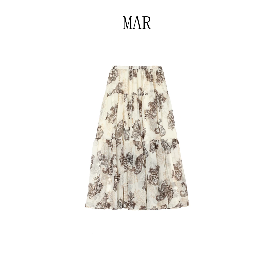 MAR 夏季新款复古印花大裙摆A字高腰长款半身裙女613149