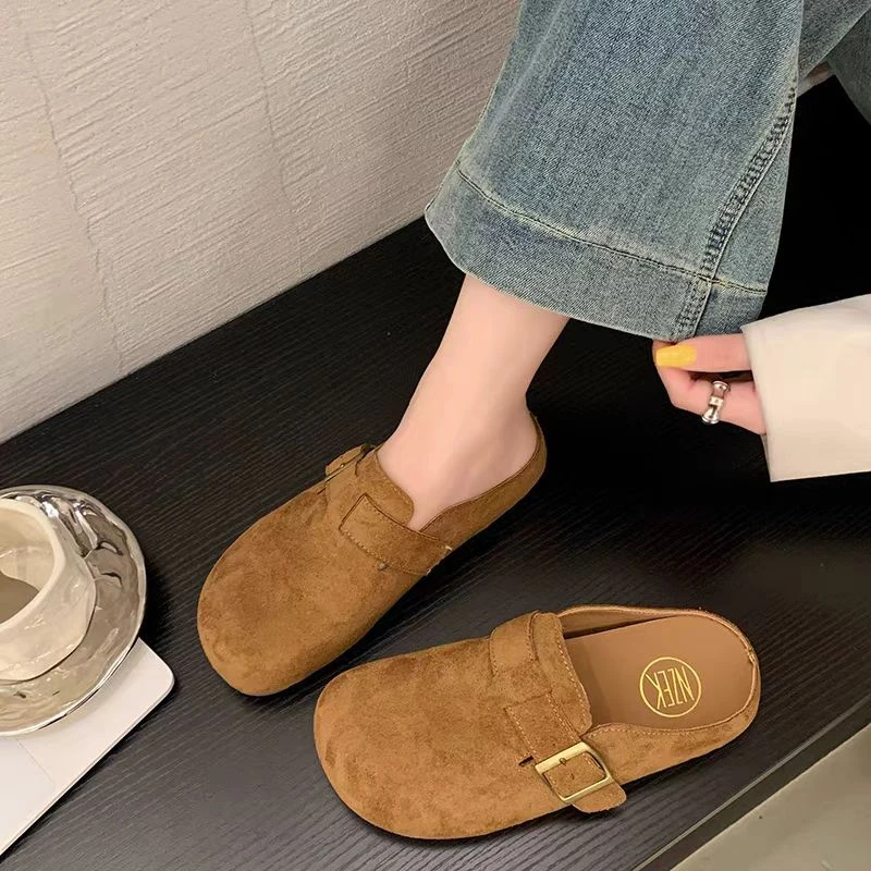 啊枝姐2025夏季新款A02-1包头拖女磨砂平底中包皮带扣绒面勃肯鞋