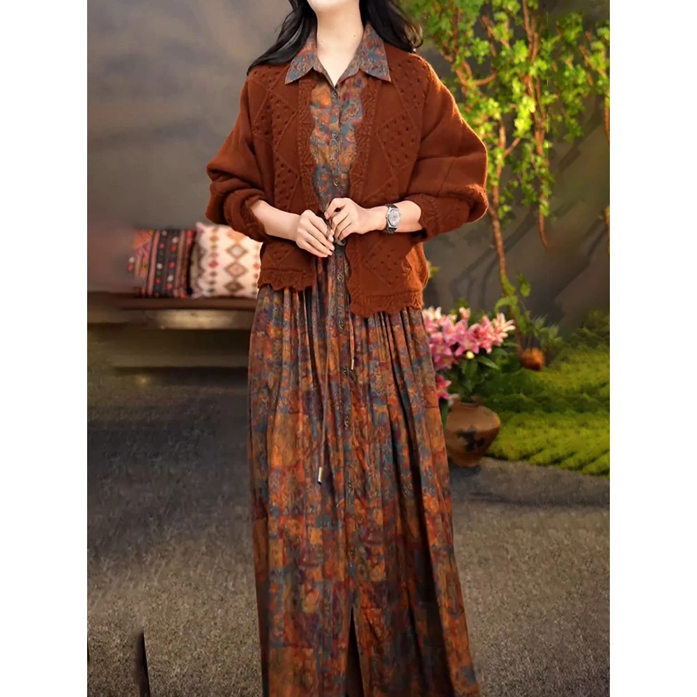 民族风气质时尚通勤百搭纯色针织开衫显瘦印花polo领连衣裙两件套