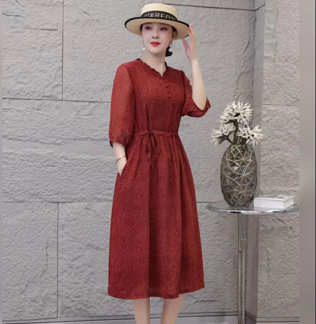 【清】3773【依】七分袖夏季百搭时尚简约休闲显瘦遮肉减龄碎花连衣裙