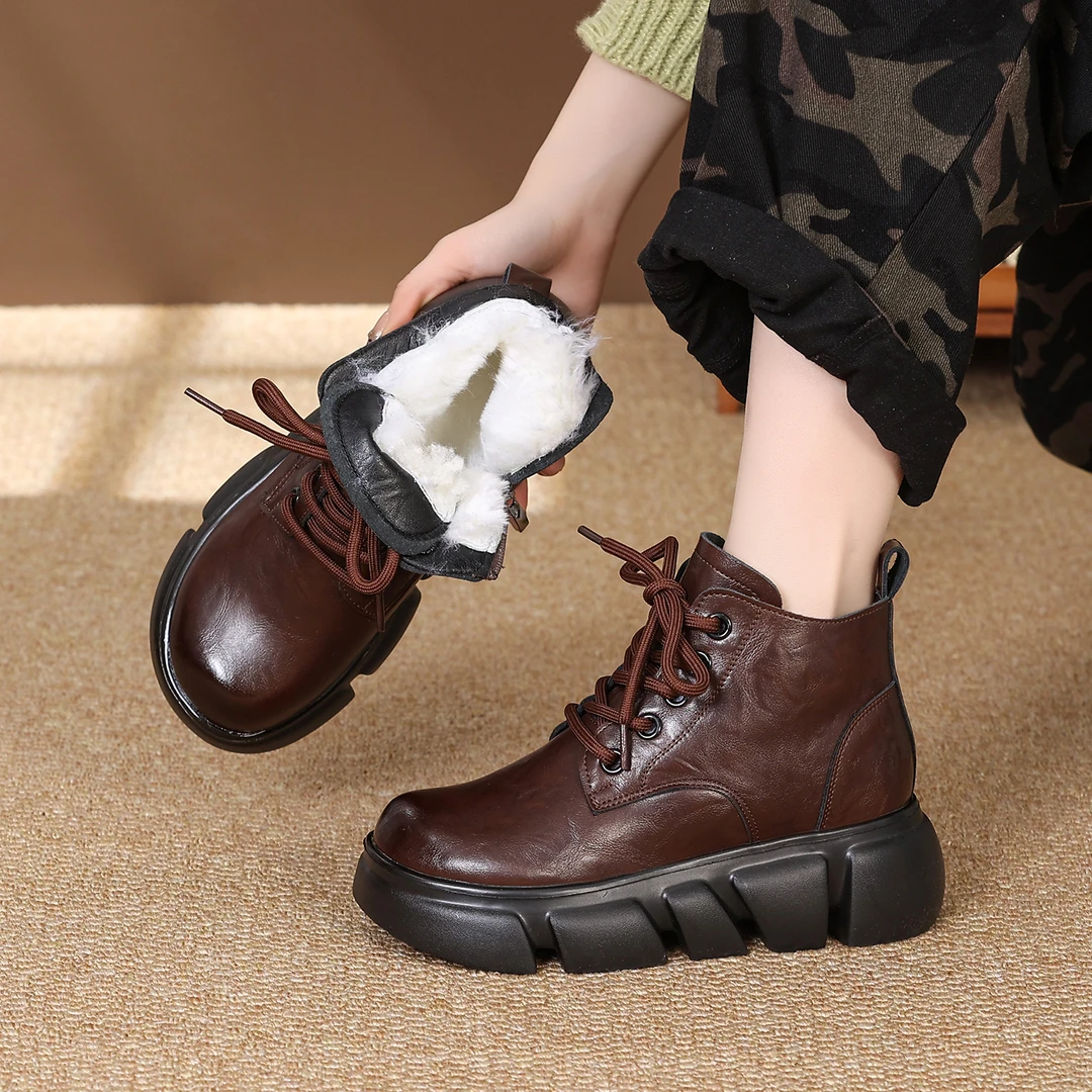 绵羊毛冬季低跟女纯色马丁靴靴子厚底低帮复古单靴英伦风圆头系带