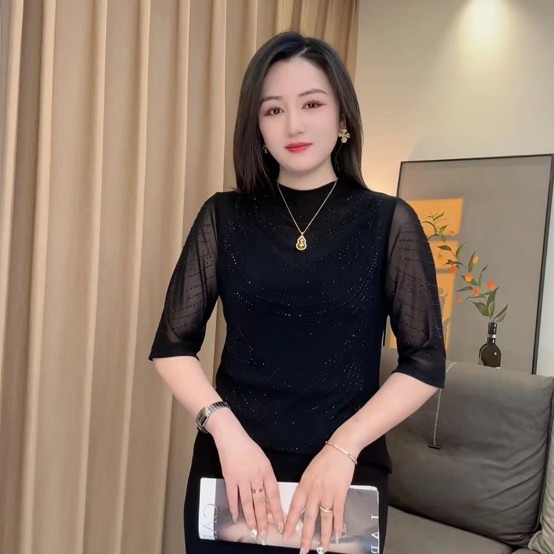 春季新款烫钻网纱弹力洋气减龄百搭显瘦中袖上衣打底衫女