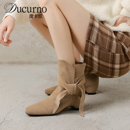 DUCURNO时尚绑带设计内增高马丁靴女套筒方头瘦瘦靴磨砂皮小短靴