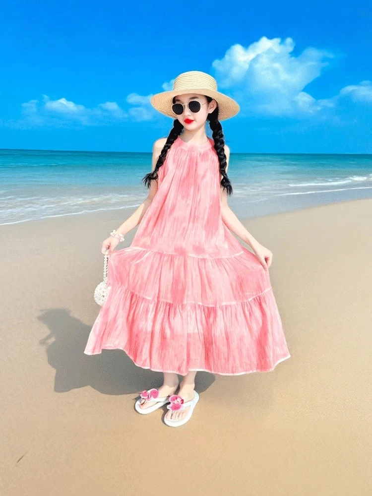 女童夏季连衣裙2025新款女大童海边度假沙滩裙儿童夏装挂脖吊带裙