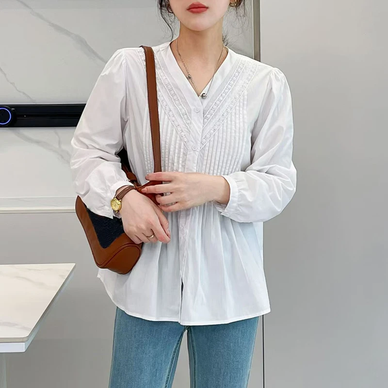 （花边V领风琴褶衬衫）23080-6法式时髦有气质通勤花边衬衫H