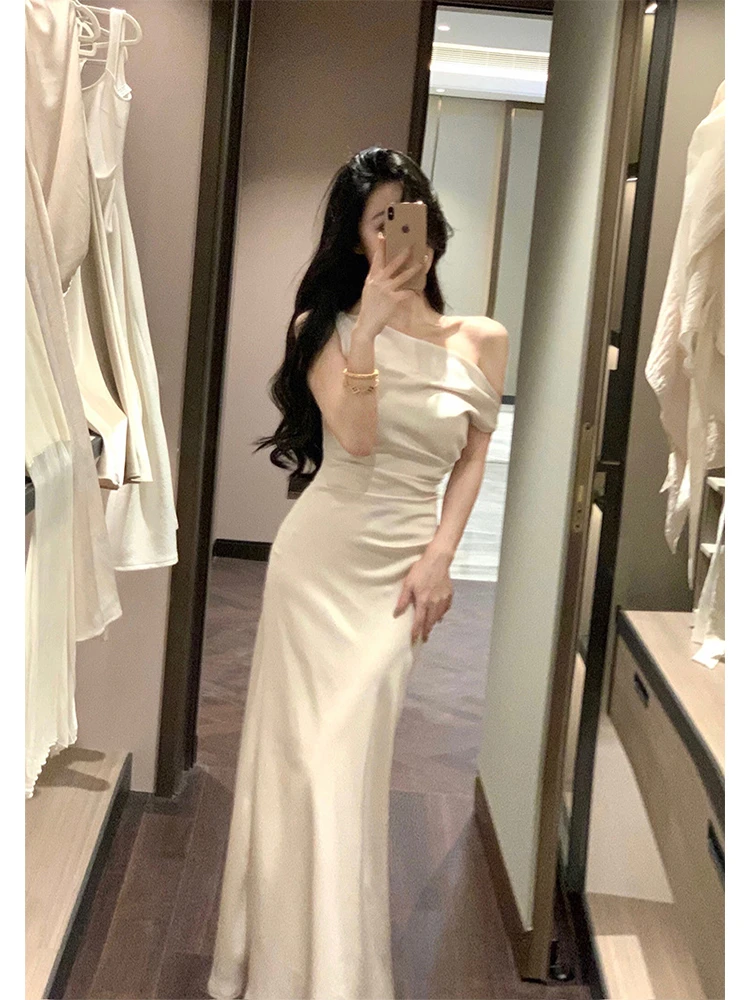 夏季女装荡领斜肩连衣裙御姐风名媛法式气质显瘦收腰包臀鱼尾裙子