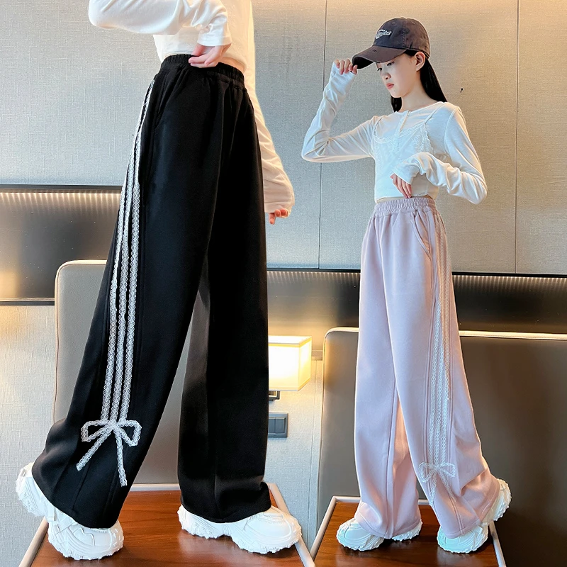 女童秋季2025新款时尚韩版洋气百搭休闲三条杠印花儿童女孩高腰裤