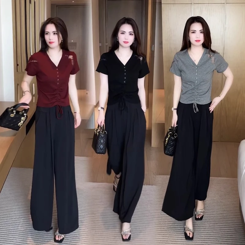 时尚短袖2025新款今年流行时尚百高腰减龄捏褶夏款洋气显瘦T恤