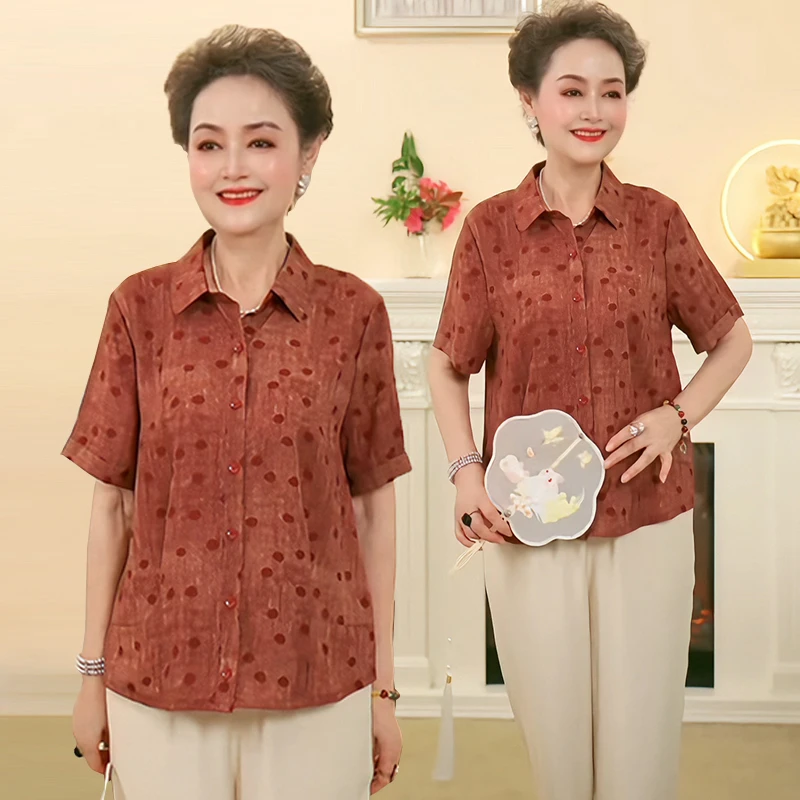 新款妈妈装气质衬衫两件套装洋气中老年女装大码翻领奶奶上衣服