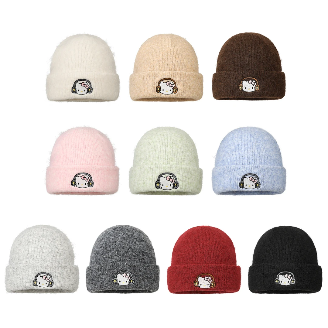 韩系可爱kitty猫毛线帽女秋冬保暖防寒针织帽子大头围登山护耳帽