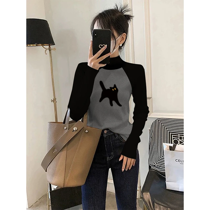 双面德绒拼色女士半高领T恤衫美拉德时尚修身打底衫女装气质风搭