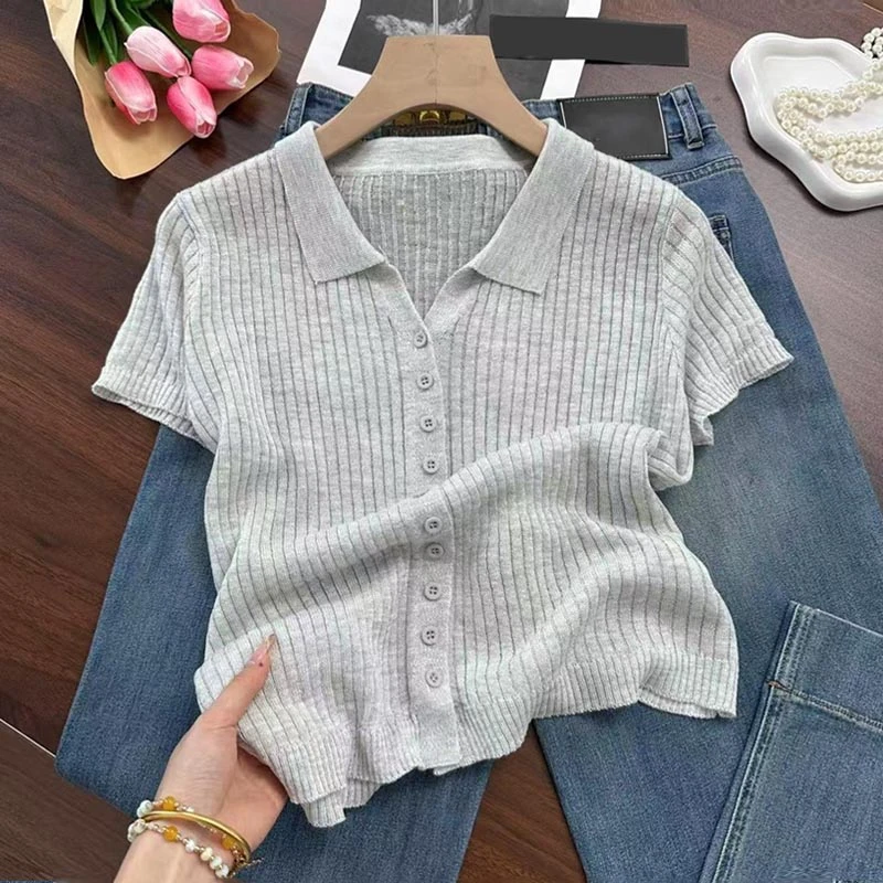 【8755】女装轻薄简约风排扣针织T恤夏季新款正肩POLO领短袖上衣