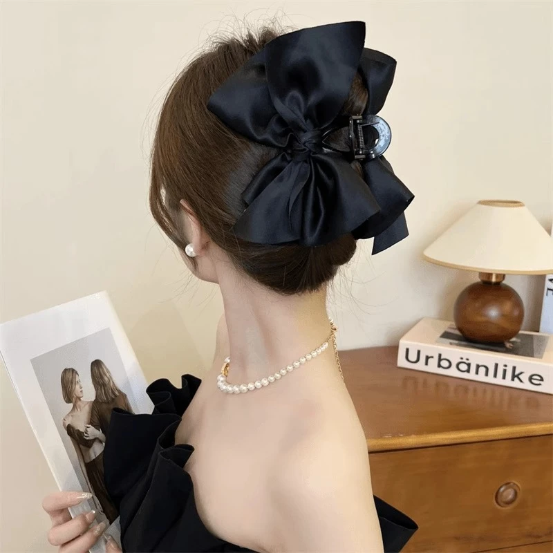大蝴蝶结很显头~缎面黑色发抓鲨鱼夹女发夹后脑勺量多发卡抓夹ins