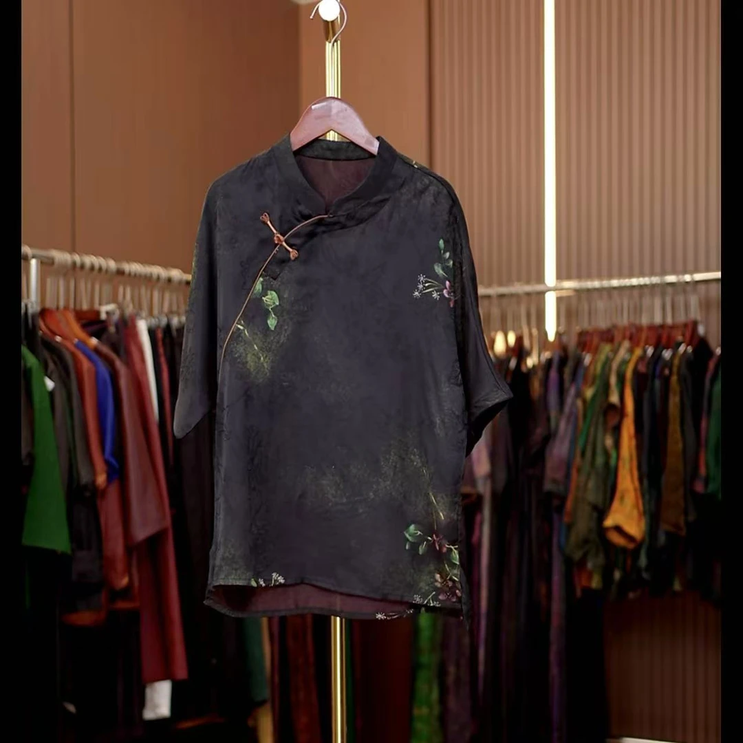 云依-新中式国风黑色小花休闲上衣0265