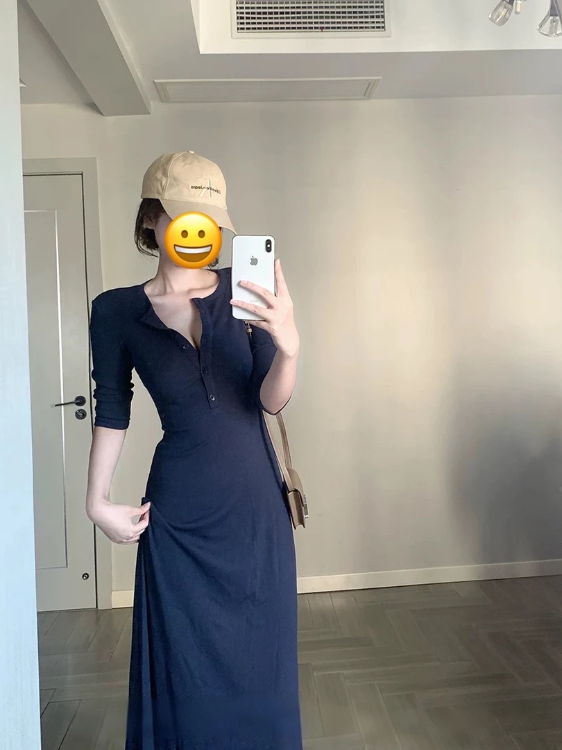 高个子大码纯色弹力显瘦修身中袖圆领慵懒风连衣裙