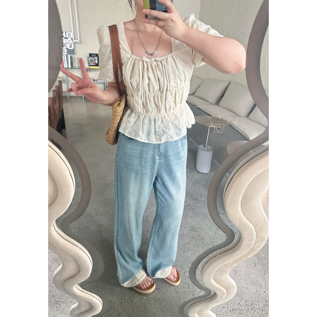 晶咕【奶酥少女】显瘦正肩设计感别致褶皱方领短款小衫