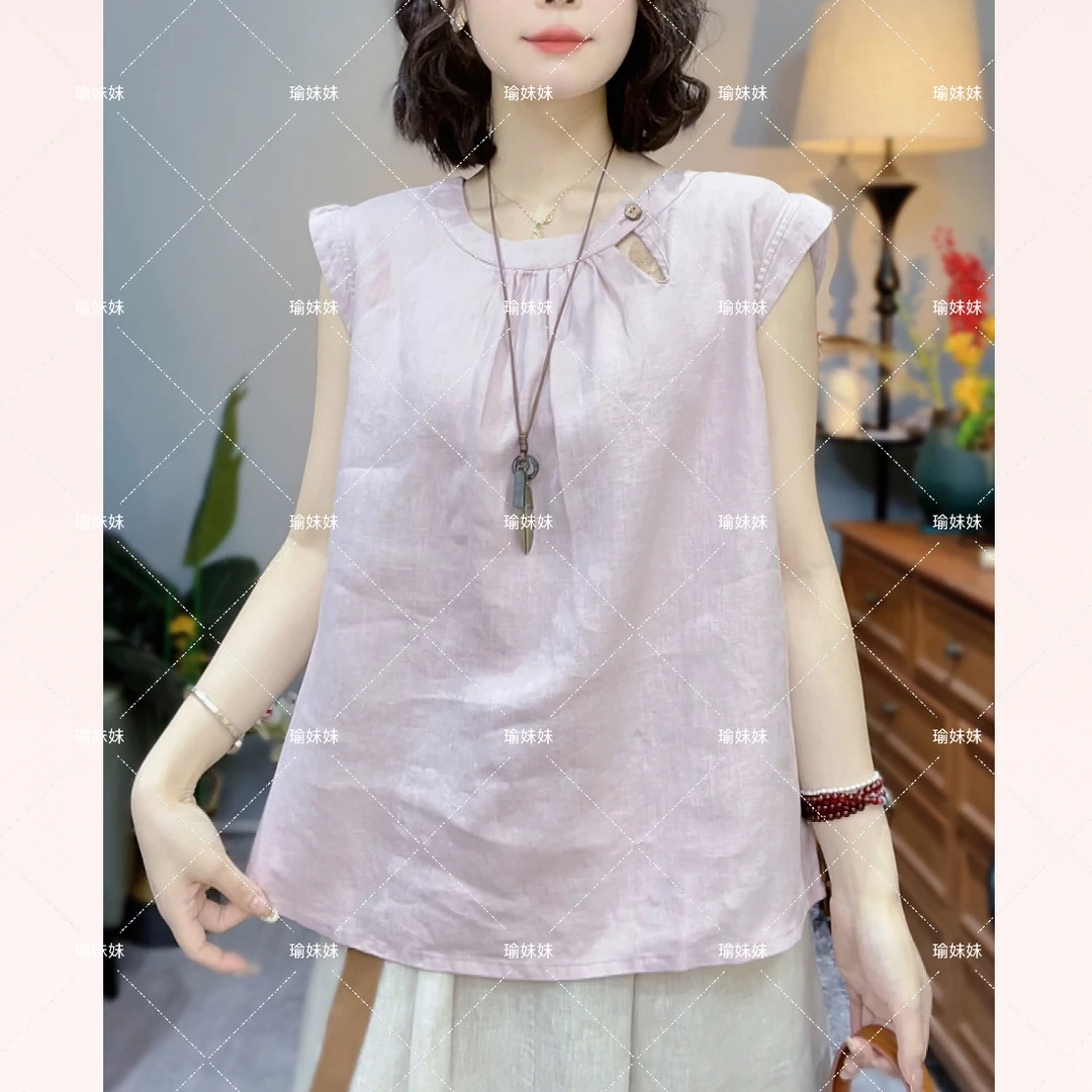 【瑜妹妹】圆领木质扣亚麻小飞袖-新款小衫女纯色套头衫上衣百搭夏