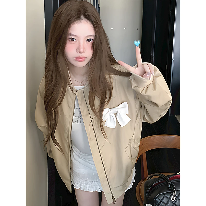 韩系穿搭独特超好看复古外套女秋季新款卡其色蝴蝶结宽松夹克上衣