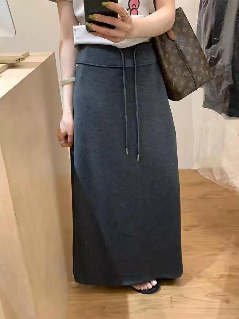 灰色抽绳显瘦秋季半身裙女高腰时尚休闲百搭纯色中长款包臀A字裙