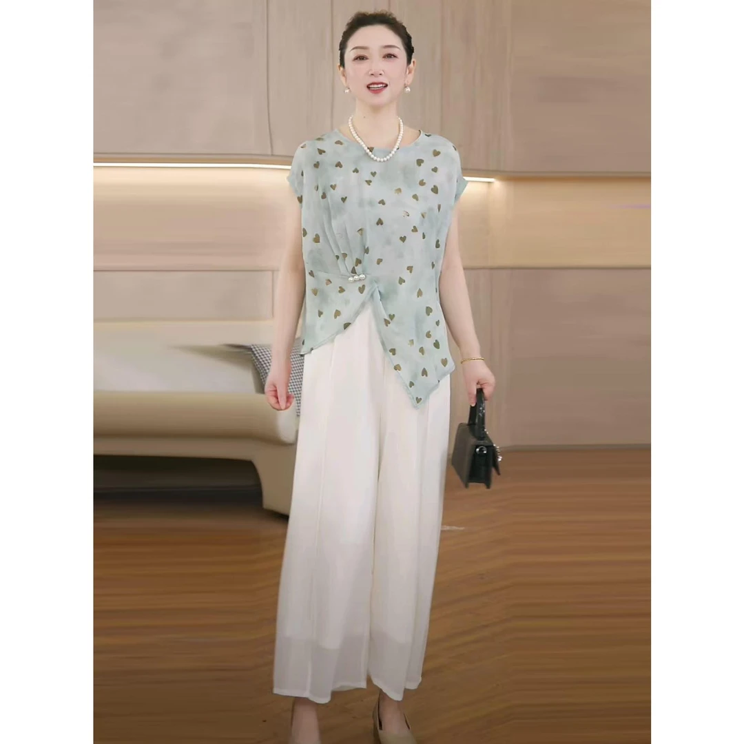 妈妈装夏日两件套气质套装中老年女不规则小衫减龄上衣服