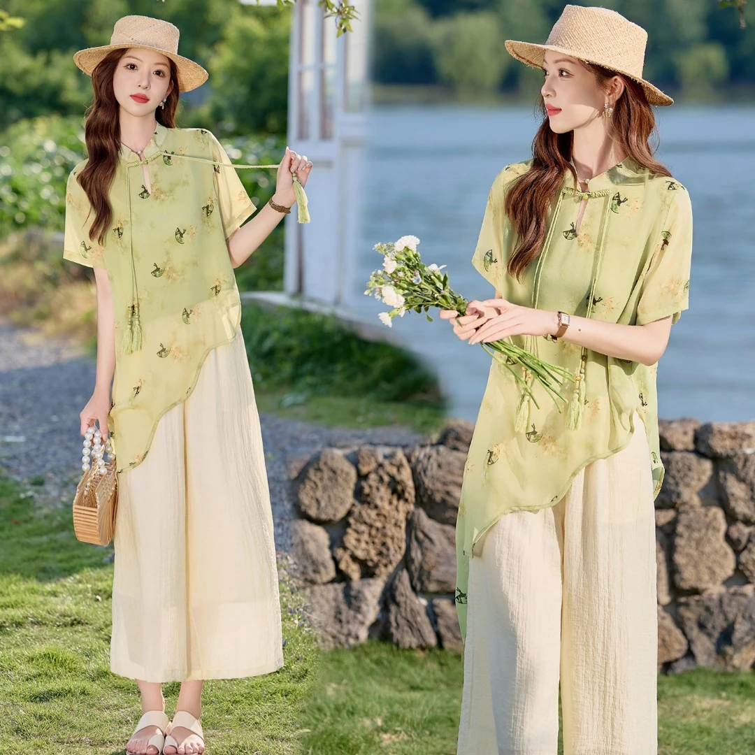 新中式国风印花套装女2025年夏季新款不规则盘扣上衣阔腿裤两件套