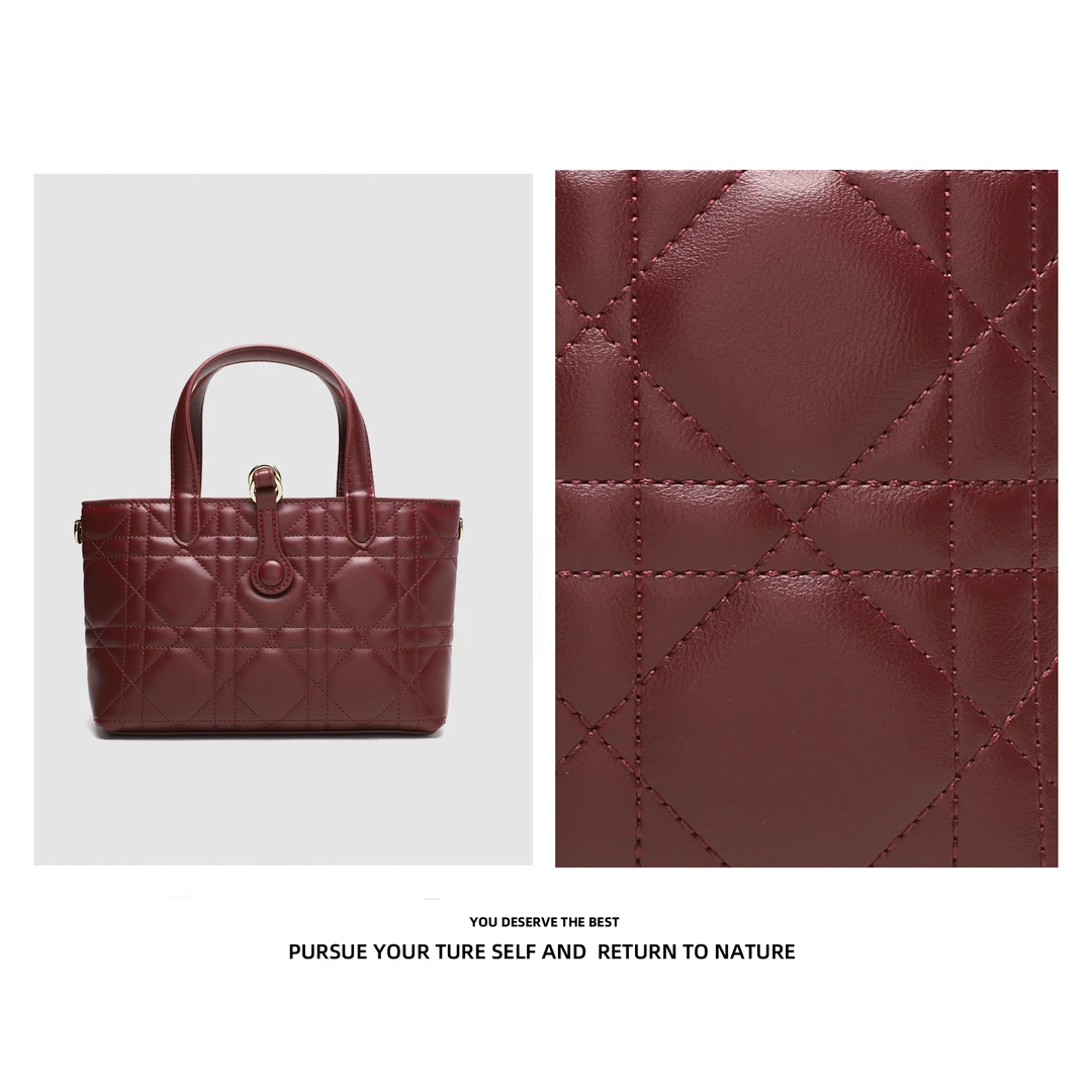 【羽乔专属】2025年新款轻奢时尚百搭单肩斜挎酒红色菱格手提包