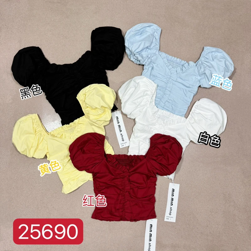 雯雯家 2025夏季新款法式爱心领木耳边褶皱公主泡泡袖袖上衣