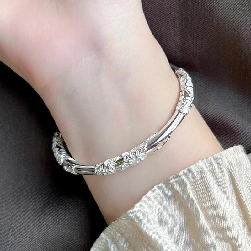 足银手镯 繁花似锦银手镯女纯银999镯子足银实心款生日礼物送女友