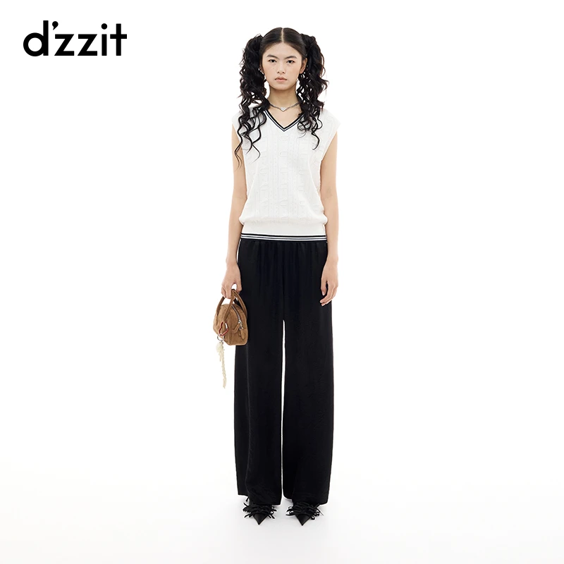 【商场同款新品】dzzit地素休闲裤25夏黑色轻薄醋纤长裤女3J2Q405