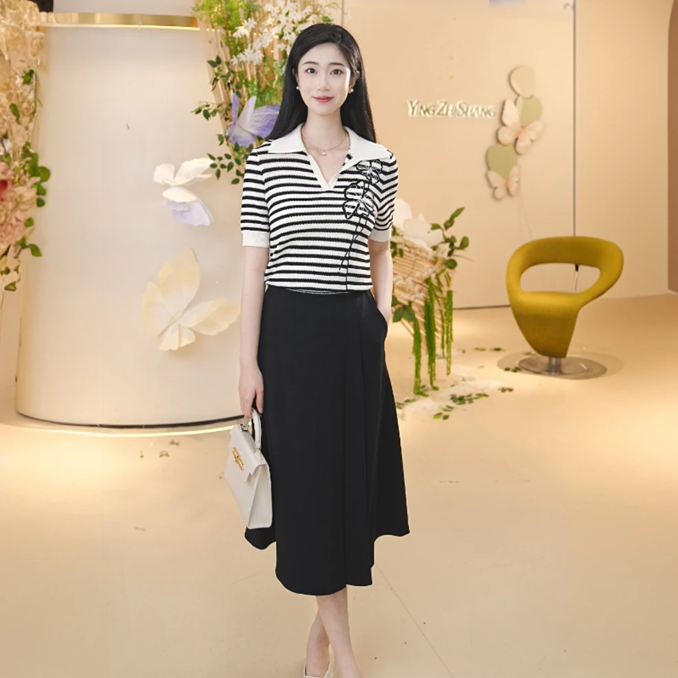 赢智尚撞色条纹短袖搭黑色中长半裙时尚套装女2025新款ZA-ZZ00452