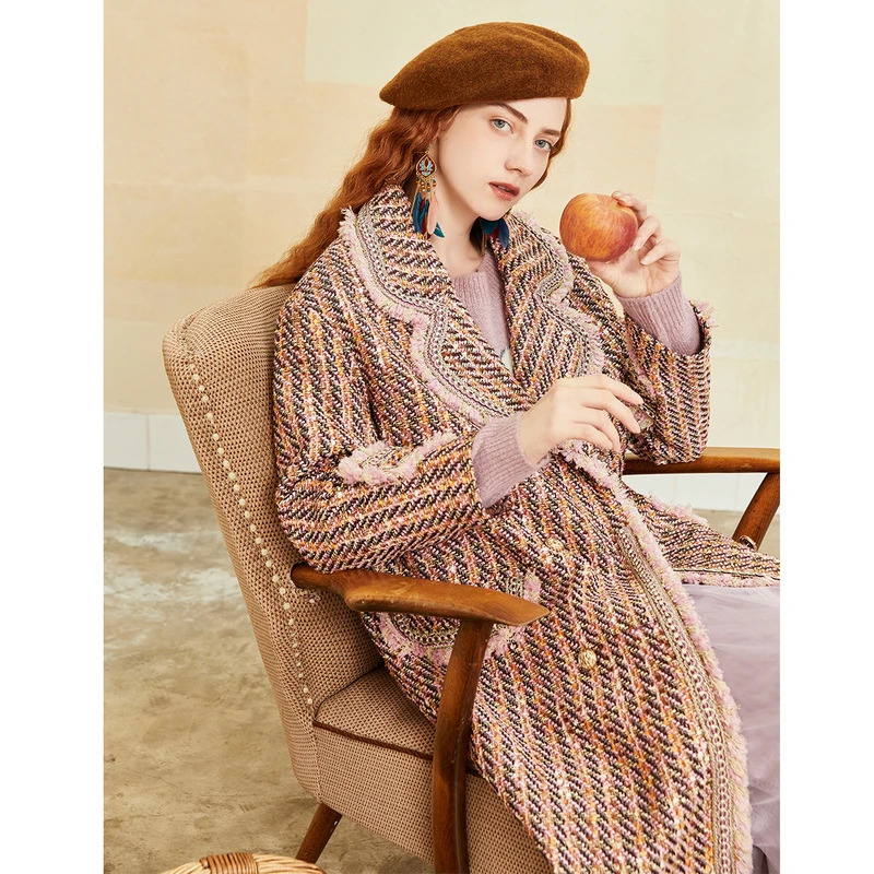 菀壹高级感紫粉色毛呢外套女长款新款宽松过膝呢子大衣D59111151