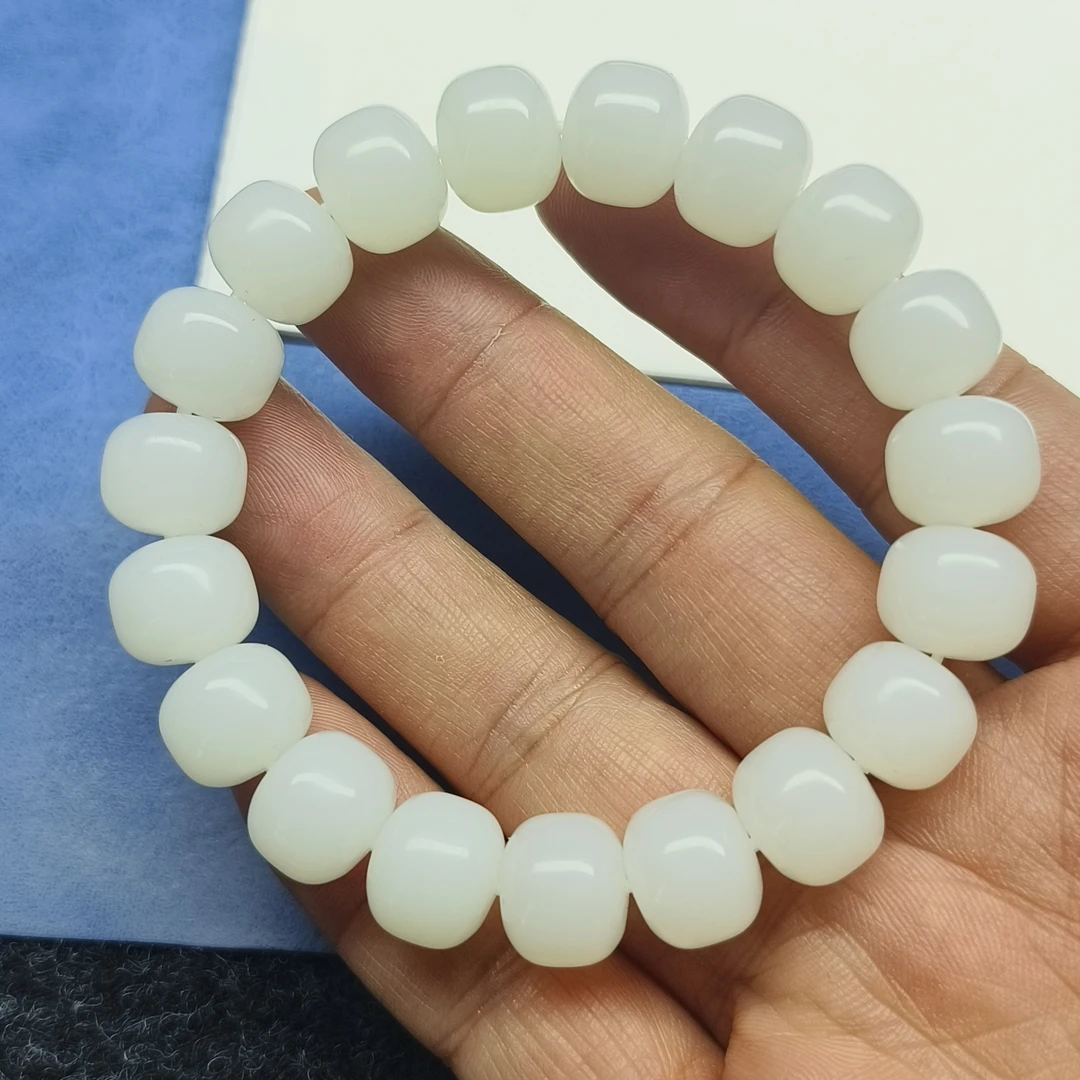 和田玉羊脂玉手串一级白12.6毫米无瑕疵过灯精品